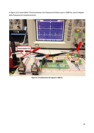 26
In figura 12 è osservabile il funzionamento con frequenza di lettura pari a 1000 Hz, ossia il doppio
della frequenza di campionamento.
Figura 12. Visualizzazione del segnale a 1000 Hz
Interruttore T2
 