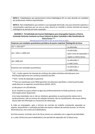 NOTA 1: Trabalhadores que apresentarem Leitura Radiológica 0/1 ou mais deverão ser avaliados
por profissionais médicos especializados.
NOTA 2: Para trabalhadores que tenham a sua exposição diminuída, mas que estiveram expostos a
concentrações superiores por um ano ou mais, deverá ser mantido o mesmo intervalo de exames
radiológicos do período de maior exposição.
QUADRO 2 - Periodicidade dos Exames Radiológicos para Empregados Expostos a Poeiras
Contendo Partículas Insolúveis ou Pouco Solúveis de Baixa Toxicidade e Não Classificadas de
Outra Forma ***
(Alterado pela Portaria MTP nº 567, de 10 de março de 2022)
Empresas com medições quantitativas periódicas de poeira respirável Radiografia de tórax
LSC* ≤ 10% LEO** - na admissão.
LSC > 10% e ≤ 100% LEO
- na admissão;
- após 5 anos de exposição; e
- repetir a critério clínico.
LSC> 100% LEO
- na admissão; e
- a cada 5 anos.
Empresas sem avaliações quantitativas
- na admissão; e
- a cada 5 anos.
*LSC = Limite superior do intervalo de confiança da média aritmética estimada para uma
distribuição lognormal com confiança estatística de 95%
**LEO = Limite de exposição ocupacional
***Para ser classificado como PNOS (particles not otherwise specified), o material particulado
sólido deve ter as seguintes características (ACGIH, 2017):
a) não possuir um LEO definido;
b) ser insolúvel ou pouco solúvel na água (ou preferencialmente no fluido pulmonar, se esta
informação estiver disponível);
c) ter baixa toxicidade, isto é, não ser citotóxico, genotóxico ou quimicamente reativo com o
tecido pulmonar, não ser emissor de radiação ionizante, não ser sensibilizante, não causar efeitos
tóxicos além de inflamação ou mecanismo de sobrecarga.
1. Cabe ao empregador, após o término do contrato de trabalho envolvendo exposição ao
asbesto, disponibilizar a realização periódica de exames médicos de controle durante, no mínimo,
30 (trinta) anos, sem custos aos trabalhadores.
1.1 Estes exames, incluindo raios X de Tórax, devem ser realizados com a seguinte periodicidade:
a) a cada 3 (três) anos para trabalhadores com período de exposição até 12 (doze) anos;
 