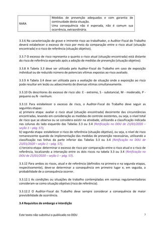 Este texto não substitui o publicado no DOU 3
RARA
Medidas de prevenção adequadas e com garantia de
continuidade desta situação.
Uma consequência não é esperada, não é comum sua
ocorrência, extraordinária.
3.3.6 Na caracterização de grave e iminente risco ao trabalhador, o Auditor-Fiscal do Trabalho
deverá estabelecer o excesso de risco por meio da comparação entre o risco atual (situação
encontrada) e o risco de referência (situação objetivo).
3.3.7 O excesso de risco representa o quanto o risco atual (situação encontrada) está distante
do risco de referência esperado após a adoção de medidas de prevenção (situação objetivo).
3.3.8 A Tabela 3.3 deve ser utilizada pelo Auditor-Fiscal do Trabalho em caso de exposição
individual ou de reduzido número de potenciais vítimas expostas ao risco avaliado.
3.3.9 A Tabela 3.4 deve ser utilizada para a avaliação de situação onde a exposição ao risco
pode resultar em lesão ou adoecimento de diversas vítimas simultaneamente.
3.3.10 Os descritores do excesso de risco são: E - extremo, S - substancial, M - moderado, P -
pequeno ou N - nenhum.
3.3.11 Para estabelecer o excesso de risco, o Auditor-Fiscal do Trabalho deve seguir as
seguintes etapas:
a) primeira etapa: avaliar o risco atual (situação encontrada) decorrente das circunstâncias
encontradas, levando em consideração as medidas de controle existentes, ou seja, o nível total
de risco que se observa ou se considera existir na atividade, utilizando a classificação indicada
nas colunas do lado esquerdo das Tabelas 3.3 ou 3.4 (Retificação no DOU de 23/01/2020 –
seção 1 – pág. 57);
b) segunda etapa: estabelecer o risco de referência (situação objetivo), ou seja, o nível de risco
remanescente quando da implementação das medidas de prevenção necessárias, utilizando a
classificação nas linhas da parte inferior das Tabelas 3.3 ou 3.4 (Retificação no DOU de
23/01/2020 – seção 1 – pág. 57);
c) terceira etapa: determinar o excesso de risco por comparação entre o risco atual e o risco de
referência, localizando a interseção entre os dois riscos na tabela 3.3 ou 3.4 (Retificação no
DOU de 23/01/2020 – seção 1 – pág. 57).
3.3.12 Para ambos os riscos, atual e de referência (definidos na primeira e na segunda etapas,
respectivamente), deve-se determinar a consequência em primeiro lugar e, em seguida, a
probabilidade de a consequência ocorrer.
3.3.12.1 As condições ou situações de trabalho contempladas em normas regulamentadoras
consideram-se como situação objetivo (risco de referência).
3.3.12.2 O Auditor-Fiscal do Trabalho deve sempre considerar a consequência de maior
previsibilidade de ocorrência.
3.4 Requisitos de embargo e interdição
 