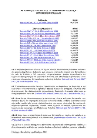 Este texto não substitui o publicado no DOU
NR 4 - SERVIÇOS ESPECIALIZADOS EM ENGENHARIA DE SEGURANÇA
E EM MEDICINA DO TRABALHO
Publicação D.O.U.
Portaria MTb n.º 3.214, de 08 de junho de 1978 06/07/78
Alterações/Atualizações D.O.U.
Portaria SSMT n.º 33, de 27de outubro de 1983 31/10/83
Portaria SSMT n.º 34, de 20 de dezembro de 1983 29/12/83
Portaria SSMT n.º 34, de 11 de dezembro de 1987 16/12/87
Portaria DSST n.º 11, de 17 de setembro de 1990 20/09/90
Portaria DSST n.º 04, de 08 de outubro de 1991 10/10/91
Portaria SNT n.º 04, de 06 de fevereiro de 1992 10/02/92
Portaria SSST n.º 08, de 01 de junho de 1993 03/06/93
Portaria SSST n.º 01, de 12 de maio de 1995 25/05/95
Portaria SIT n.º 17, de 01 de agosto de 2007 02/08/07
Portaria SIT n.º 76, de 21 de novembro de 2008 25/11/08
Portaria SIT n.º 128, de 11 de dezembro de 2009 14/12/09
Portaria MTE n.º 590, de 28 de abril de 2014 30/04/14
Portaria MTE n.º 2.018, de 23 de dezembro de 2014 24/12/14
Portaria MTPS n.º 510, de 29 de abril de 2016 02/05/16
4.1 As empresas privadas e públicas, os órgãos públicos da administração direta e indireta e
dos poderes Legislativo e Judiciário, que possuam empregados regidos pela Consolidação
das Leis do Trabalho - CLT, manterão, obrigatoriamente, Serviços Especializados em
Engenharia de Segurança e em Medicina do Trabalho, com a finalidade de promover a saúde
e proteger a integridade do trabalhador no local de trabalho. (Alterado pela Portaria SSMT
n.º 33, de 27 de outubro de 1983)
4.2 O dimensionamento dos Serviços Especializados em Engenharia de Segurança e em
Medicina do Trabalho vincula-se à gradação do risco da atividade principal e ao número total
de empregados do estabelecimento, constantes dos Quadros I e II, anexos, observadas as
exceções previstas nesta NR. (Alterado pela Portaria SSMT n.º 33, de 27 de outubro de 1983)
4.2.1 Para fins de dimensionamento, os canteiros de obras e as frentes de trabalho com
menos de 1 (um) mil empregados e situados no mesmo estado, território ou Distrito Federal
não serão considerados como estabelecimentos, mas como integrantes da empresa de
engenharia principal responsável, a quem caberá organizar os Serviços Especializados em
Engenharia de Segurança e em Medicina do Trabalho. (Alterado pela Portaria SSMT n.º 33,
de 27 de outubro de 1983)
4.2.1.1 Neste caso, os engenheiros de segurança do trabalho, os médicos do trabalho e os
enfermeiros do trabalho poderão ficar centralizados. (Alterado pela Portaria SSMT n.º 33, de
27 de outubro de 1983)
4.2.1.2 Para os técnicos de segurança do trabalho e auxiliares de enfermagem do trabalho, o
dimensionamento será feito por canteiro de obra ou frente de trabalho, conforme o Quadro
 