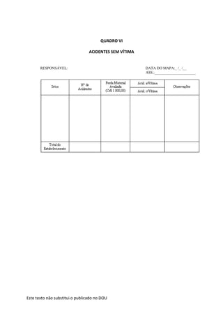 Este texto não substitui o publicado no DOU
QUADRO VI
ACIDENTES SEM VÍTIMA
RESPONSÁVEL: DATA DO MAPA:_ /_ /__
ASS.:______________________
 