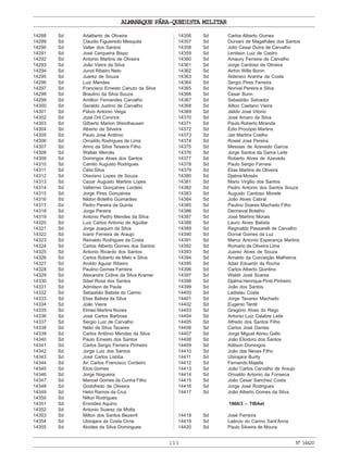 ALMANAQUE PÁRA-QUEDISTA MILITAR
111 Nº14420
14288 Sd Adalberto de Oliveira
14289 Sd Claudio Figueiredo Mesquita
14290 Sd Valter dos Santos
14291 Sd José Cerqueira Bispo
14292 Sd Antonio Martins de Oliveira
14293 Sd João Vieira da Silva
14294 Sd Junot Ribeiro Neto
14295 Sd Juarez de Souza
14296 Sd Luiz Mendes
14297 Sd Francisco Ernesto Canuto da Silva
14298 Sd Braulino da Silva Souza
14299 Sd Amilton Fernandes Carvalho
14300 Sd Geraldo Justino de Carvalho
14301 Sd Flávio Antonio Veiga
14302 Sd José Orli Coninck
14303 Sd Gilberto Marion Wendhausen
14304 Sd Alberto da Silveira
14305 Sd Paulo José Antônio
14306 Sd Ornaildo Rodrigues de Lima
14307 Sd Arino da Silva Teixeira Filho
14308 Sd Waltair Mercês
14309 Sd Domingos Alves dos Santos
14310 Sd Camilo Augusto Rodrigues
14311 Sd Célio Silva
14312 Sd Otaviano Lopes de Souza
14313 Sd Cezar Augusto Martins Lopes
14314 Sd Valternei Gonçalves Lordelo
14315 Sd Jorge Pires Gonçalves
14316 Sd Nildon Botelho Guimarães
14317 Sd Pedro Pereira da Quinta
14318 Sd Jorge Pereira
14319 Sd Antonio Pedro Mendes da Silva
14320 Sd Luiz Carlos Antonio de Aguillar
14321 Sd Jorge Joaquim da Silva
14322 Sd Ivanir Ferreira de Araujo
14323 Sd Reinaldo Rodrigues da Costa
14324 Sd Carlos Alberto Gomes dos Santos
14325 Sd Antonio Ricardo dos Santos
14326 Sd Carlos Roberto de Melo e Silva
14327 Sd Aroldo Aguiar Ribeiro
14328 Sd Paulino Gomes Ferreira
14329 Sd Alexandre Cidine da Silva Kramer
14330 Sd Sibel Rosa dos Santos
14331 Sd Admilson de Paula
14332 Sd Sebastião Batista do Carmo
14333 Sd Elias Batista da Silva
14334 Sd João Vieira
14335 Sd Elmeo Martins Nunes
14336 Sd José Carlos Barbosa
14337 Sd Sergio Luiz de Carvalho
14338 Sd Nélio da Silva Tavares
14339 Sd Carlos Antônio Mendes da Silva
14340 Sd Paulo Ernesto dos Santos
14341 Sd Carlos Sergio Ferreira Pinheiro
14342 Sd Jorge Luiz dos Santos
14343 Sd José Carlos Lisbôa
14344 Sd Ari Carlos Francisco Cordeiro
14345 Sd Elcio Gomes
14346 Sd Jorge Nogueira
14347 Sd Manoel Gomes da Cunha Filho
14348 Sd Godofredo de Oliveira
14349 Sd Heloi Ramos da Cruz
14350 Sd Nilton Rodrigues
14351 Sd Eronides Aquino
14352 Sd Antonio Suarez da Motta
14353 Sd Milton dos Santos Bezerril
14354 Sd Ubirajara da Costa Cirne
14355 Sd Alcides da Silva Domingues
14356 Sd Carlos Alberto Gomes
14357 Sd Durvani de Magalhães dos Santos
14358 Sd Júlio Cesar Dutra de Carvalho
14359 Sd Lenilson Luiz de Castro
14360 Sd Amaury Ferreira de Carvalho
14361 Sd Jorge Cardoso de Oliveira
14362 Sd Airton Wille Bonin
14363 Sd Aldeneci Aranha da Costa
14364 Sd Sergio Pires Ferreira
14365 Sd Norival Pereira e Silva
14366 Sd Cesar Bunn
14367 Sd Sebastião Salvador
14368 Sd Ailton Caetano Vieira
14369 Sd Jaildo José Vitorio
14370 Sd José Amaro da Silva
14371 Sd Paulo Roberto Miranda
14372 Sd Édio Procópio Martins
14373 Sd Jair Martins Coelho
14374 Sd Rosiel José Pereira
14375 Sd Messias de Azevedo Garcia
14376 Sd Jorge Santos da Gama Leite
14377 Sd Roberto Alves de Azevedo
14378 Sd Paulo Sergio Farnesi
14379 Sd Elias Martins de Oliveira
14380 Sd Djalma Moisés
14381 Sd Mario Virgilio dos Santos
14382 Sd Pedro Antonio dos Santos Souza
14383 Sd Augusto Cardoso Morete
14384 Sd João Alves Cabral
14385 Sd Paulino Soares Machado Filho
14386 Sd Dermeval Botelho
14387 Sd José Martins Morais
14388 Sd Lauro Alves Batista
14389 Sd Reginaldo Passarelli de Carvalho
14390 Sd Dorval Gomes da Luz
14391 Sd Marco Antonio Esperança Martins
14392 Sd Romario de Oliveira Lima
14393 Sd Juarez Alves de Souza
14394 Sd Arnaldo da Conceição Malheiros
14395 Sd Adair Eduardo da Rocha
14396 Sd Carlos Alberto Quintino
14397 Sd Waldir José Soares
14398 Sd Djalma Henrique Pinto Pinheiro
14399 Sd João dos Santos
14400 Sd Ladislau Costa
14401 Sd Jorge Tavares Machado
14402 Sd Eugenio Tardit
14403 Sd Gregório Alves do Rego
14404 Sd Antonio Luiz Calabre Leite
14405 Sd Alfredo dos Santos Filho
14406 Sd Carlos José Dantas
14407 Sd Jorge Miguel Abreu Gallo
14408 Sd João Eliodoro dos Santos
14409 Sd Adilson Domingos
14410 Sd João das Neves Filho
14411 Sd Ubirajara Burity
14412 Sd Fernando Majella
14413 Sd João Carlos Carvalho de Araujo
14414 Sd Orivaldo Antonio da Fonseca
14415 Sd João Cesar Sanchez Costa
14416 Sd Jorge José Rodrigues
14417 Sd João Alberto Gomes da Silva
1966/3 – TIBAet
14418 Sd José Ferreira
14419 Sd Laércio do Carmo Sant’Anna
14420 Sd Paulo Silveira de Moura
 