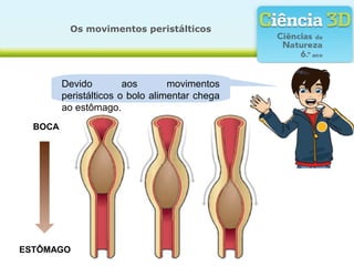 Os movimentos peristálticos




         Devido         aos       movimentos
         peristálticos o bolo alimentar chega
         ao estômago.
  BOCA




ESTÔMAGO
 