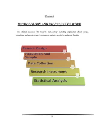 30
Chapter 4
METHODOLOGY AND PROCEDURE OF WORK
This chapter discusses the research methodology including explanation about survey,
population and sample, research instrument, statistics applied in analyzing the data.
 