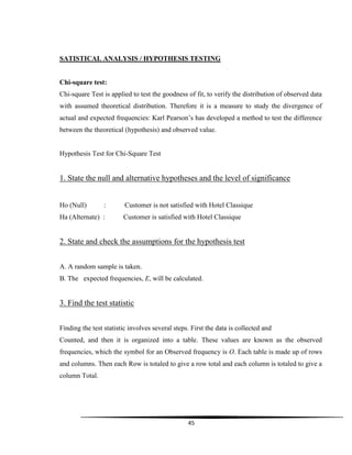 45
SATISTICAL ANALYSIS / HYPOTHESIS TESTING
Chi-square test:
Chi-square Test is applied to test the goodness of fit, to verify the distribution of observed data
with assumed theoretical distribution. Therefore it is a measure to study the divergence of
actual and expected frequencies: Karl Pearson‟s has developed a method to test the difference
between the theoretical (hypothesis) and observed value.
Hypothesis Test for Chi-Square Test
1. State the null and alternative hypotheses and the level of significance
Ho (Null) : Customer is not satisfied with Hotel Classique
Ha (Alternate) : Customer is satisfied with Hotel Classique
2. State and check the assumptions for the hypothesis test
A. A random sample is taken.
B. The expected frequencies, E, will be calculated.
3. Find the test statistic
Finding the test statistic involves several steps. First the data is collected and
Counted, and then it is organized into a table. These values are known as the observed
frequencies, which the symbol for an Observed frequency is O. Each table is made up of rows
and columns. Then each Row is totaled to give a row total and each column is totaled to give a
column Total.
 