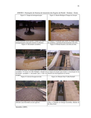 16
ANEXO 1: Ilustrações do Sistema de tratamento dos Esgotos da Nestlé – Goiânia – Goiás
Setembro (2005).
Figura 11: Tanque de homogeneização
O funcionamento ocorre quando o tanque está cheio. A
homogeneização é feita para misturar os efluentes.
Figura 12: Reator Biológico/ Tanque de Aeração
O oxigênio é bombeado para dentro do tanque através
dos aeradores, o período de funcionamento é de 24 hs.
Figura 13: Decantador secundário.
O efluente do tanque de aeração, passa pelo decantador
secundário. O excesso de lodo biológico, retirado do
decantador secundário e descartado para o leito de
secagem.
Figura 14: Bomba Parafuso, elevatória de lodo.
A Bomba Parafuso atua no processo de retorno do lodo,
ao tanque de aeração, para manter a concentração de da
biomassa de microrganismo no sistema.
Figura 15: Leito de Secagem de lodo
O Leito de Secagem lodo. O lodo após desidratado é
utilizado como biossólido em área agrícola.
Figura 16: Efluente Final “Calha Parshall”
Após o tratamento do efluente passa pelo medidor de
vazão e é lançado no Córrego Caveirinha, afluente do
Rio Meia Ponte.
 
