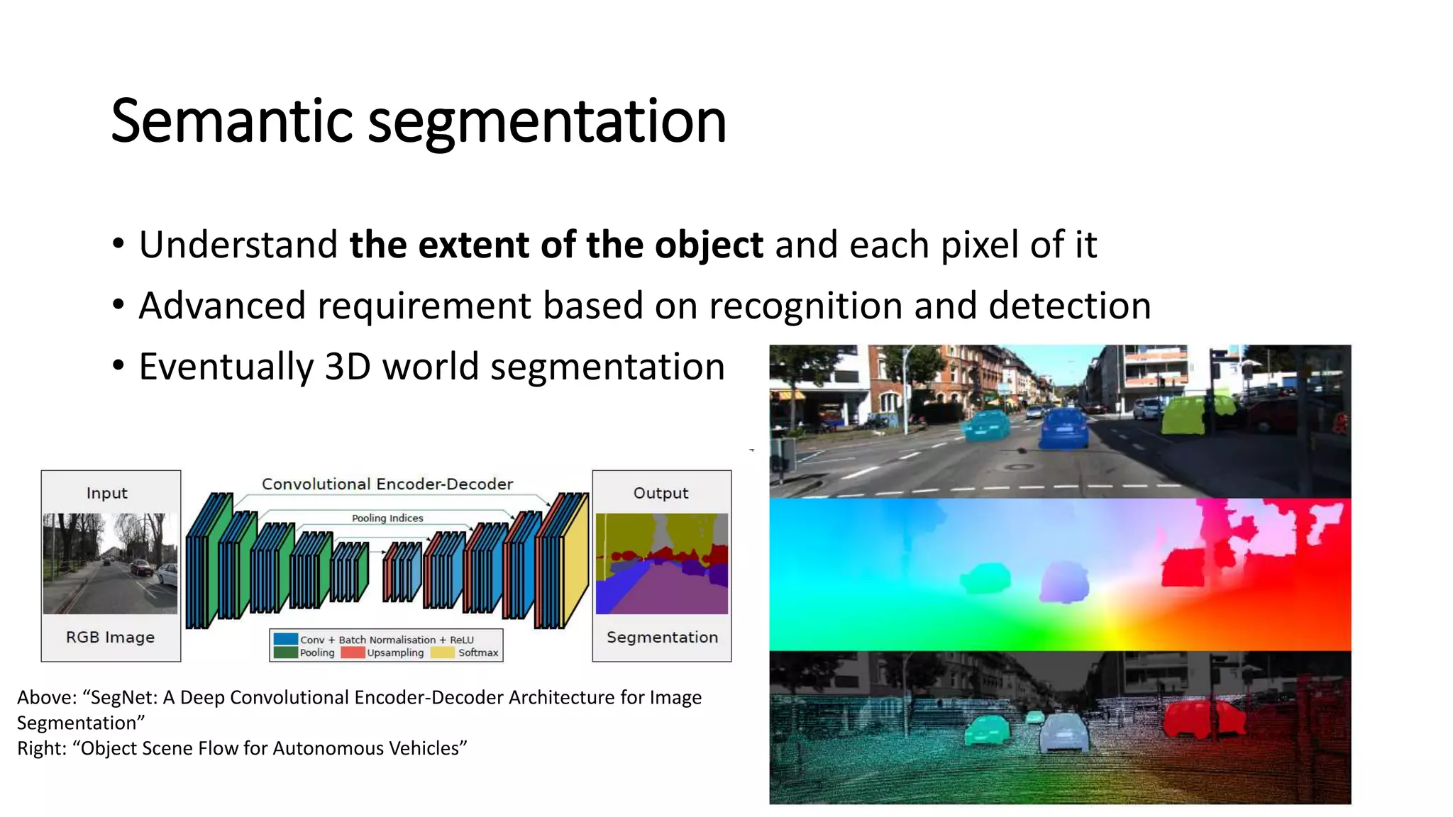Semantic segmentation
• Understand the extent of the object and each pixel of it
• Advanced requirement based on recognition and detection
• Eventually 3D world segmentation
11
Above: “SegNet: A Deep Convolutional Encoder-Decoder Architecture for Image
Segmentation”
Right: “Object Scene Flow for Autonomous Vehicles”
 