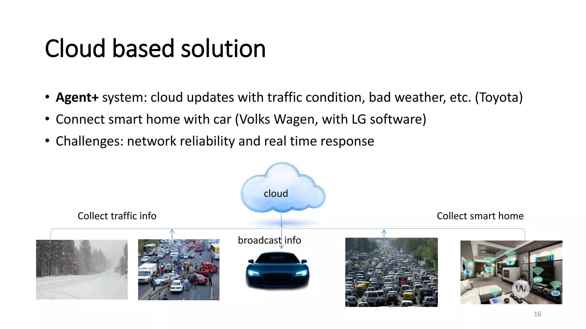Cloud based solution
• Agent+ system: cloud updates with traffic condition, bad weather, etc. (Toyota)
• Connect smart home with car (Volks Wagen, with LG software)
• Challenges: network reliability and real time response
16
cloud
Collect traffic info
broadcast info
Collect smart home
 