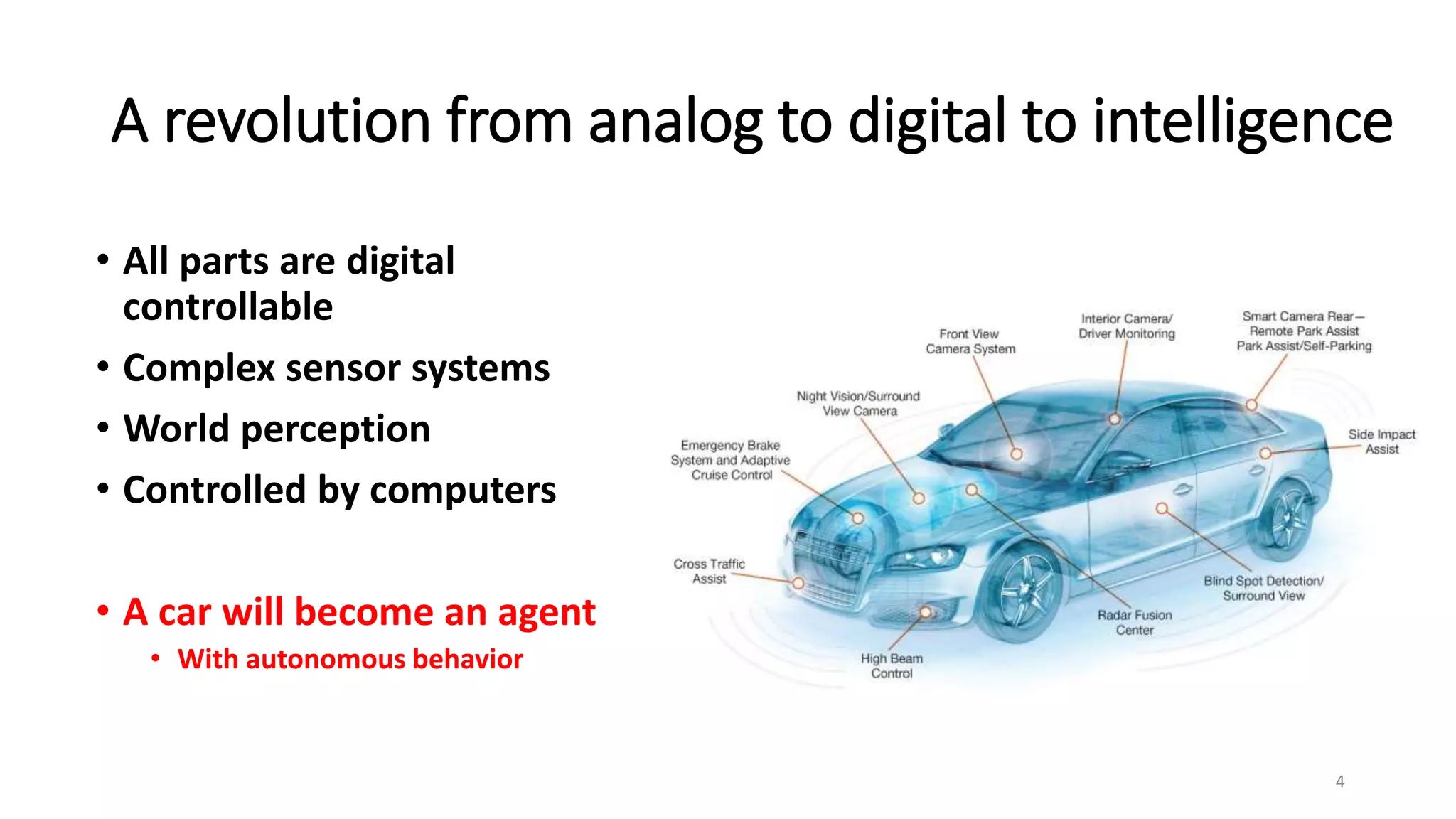 A revolution from analog to digital to intelligence
4
• All parts are digital
controllable
• Complex sensor systems
• World perception
• Controlled by computers
• A car will become an agent
• With autonomous behavior
 