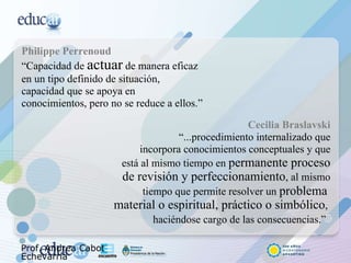 Philippe Perrenoud “ Capacidad de  actuar  de manera eficaz en un tipo definido de situación, capacidad que se apoya en conocimientos, pero no se reduce a ellos.”   Cecilia Braslavski “ ...procedimiento internalizado que incorpora conocimientos conceptuales y que está al mismo tiempo en  permanente proceso de revisión y perfeccionamiento , al mismo tiempo que permite resolver un  problema  material o espiritual, práctico o simbólico ,  haciéndose cargo de las consecuencias.”   Prof. Andrea Cabot Echevarría 