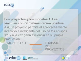 Los proyectos y los modelos 1:1 se vinculan con retroalimentación positiva. Así, un proyecto permite el aprovechamiento intensivo e inteligente del uso de los equipos 1:1 y a la vez gana eficiencia en su propia producción. MODELO 1:1  TRABAJO  POR  PROYECTOS  