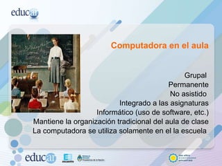 Computadora en el aula Grupal  Permanente No asistido  Integrado a las asignaturas Informático (uso de software, etc.) Mantiene la organización tradicional del aula de clase La computadora se utiliza solamente en el la escuela   