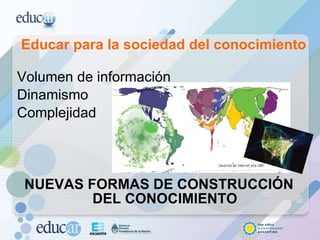 Educar para la sociedad del conocimiento Volumen de información Dinamismo Complejidad NUEVAS FORMAS DE CONSTRUCCIÓN DEL CONOCIMIENTO 