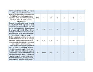 habilitado, cimbrado, descimbra, mano de
obra, equipo y herramienta
Acero de refuerzo en estructura del No.3de
Fy=4200kg/cm2, incluye acarreos,
materiales, cortes, desperdicios, habilitado,
amarres, mano de obra, equipo y
herramienta
TON 5 0.55 1 2 4.54 5
Concreto premezclado con botes y carretilla
en estructura de planta baja trabes losas
planas y muros de cimentación F’c=200
kg/cm2, resistencia normal,tamaño máximo
de agregado de 20 mm (3/4) Rev. 10 cm.
Incluye vibrador curado acarreo a 1ª
estación a 20 m, de una distancia horizontal,
materiales y mano de obra.
𝑴 𝟑 3.7204 2.27 1 1 1.63 2
Cimbra de acabado común en rampas, a
base de madera de pino de 3ª, incluye
materiales, acarreos, cortes, desperdicios,
habilitado, cimbrado, descimbra, mano de
obra, equipo y herramienta.
𝑴 𝟐
5.89 5.56 1 1 1.05 1
Losa de 20 cm a base de vigueta y bovedilla
para un claro máximo de 4.75 m con
viguetas colocadas cada 75 cm, con
bovedilla de concreto a 16 cm, con capa de
compresión de 4 cmde espesor armado con
malla electro soldada 6x6-10/10 acabado
pulido integral, incluye cimbrado,
descimbrado bombeo, colado, vibrado,
mano de obra, equipo y herramienta.
𝑴 𝟐 66.17 14 1 1 4.72 5
 