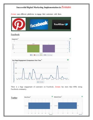 Successful Digital Marketing Implementation in Zomato
Zomato uses different platforms to engage their customers with them.
Facebook
There is a huge engagement of customers on Facebook. Zomato has more than 600k strong
Facebook community.
Twitter
 