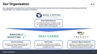 Our Organization
Investor Presentation 4
Our organization consists of four main branches which provide essential services for discovering and developing investment
opportunities; our corporate structure is as follows:
Real Capital Ventures
Our Private Equity Branch is located in Dubai
and provides capital investment for our real
estate branches of the organization
Around Investing
Our branch in Europe provides the European
markets with access to our portfolio of
investment products
American Wise Investments
Based in Fort Lauderdale, our branch in the
United States has been operational for 5 years
and primarily manages cash flow assets
Real Caribe
Our branch in Santo Domingo includes the
construction and operation of luxury apartment
complexes and hotels
 
