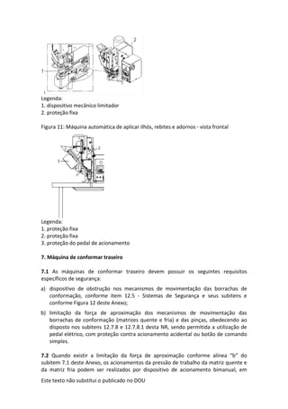Este texto não substitui o publicado no DOU
Legenda:
1. dispositivo mecânico limitador
2. proteção fixa
Figura 11: Máquina automática de aplicar ilhós, rebites e adornos - vista frontal
Legenda:
1. proteção fixa
2. proteção fixa
3. proteção do pedal de acionamento
7. Máquina de conformar traseiro
7.1 As máquinas de conformar traseiro devem possuir os seguintes requisitos
específicos de segurança:
a) dispositivo de obstrução nos mecanismos de movimentação das borrachas de
conformação, conforme item 12.5 - Sistemas de Segurança e seus subitens e
conforme Figura 12 deste Anexo;
b) limitação da força de aproximação dos mecanismos de movimentação das
borrachas de conformação (matrizes quente e fria) e das pinças, obedecendo ao
disposto nos subitens 12.7.8 e 12.7.8.1 desta NR, sendo permitida a utilização de
pedal elétrico, com proteção contra acionamento acidental ou botão de comando
simples.
7.2 Quando existir a limitação da força de aproximação conforme alínea “b” do
subitem 7.1 deste Anexo, os acionamentos da pressão de trabalho da matriz quente e
da matriz fria podem ser realizados por dispositivo de acionamento bimanual, em
 
