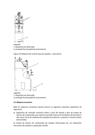 Este texto não substitui o publicado no DOU
Legenda:
1. dispositivo de obstrução
2. proteção fixa do pedal de acionamento
Figura 19: Máquina de montar base de calçados - vista lateral
Legenda:
1. dispositivo de obstrução
2. proteção fixa do pedal de acionamento
13. Máquina sorveteira
13.1 As máquinas sorveteiras devem possuir os seguintes requisitos específicos de
segurança:
a) dispositivo de restrição mecânica sobre o pino de fixação e giro da tampa da
câmara de compressão, que suporte a pressão interna da membrana de borracha e
não cause riscos de acidente por projeção de materiais, enquanto a mesma estiver
pressurizada;
b) tampa da câmara de compressão do calçado intertravada por um dispositivo
 