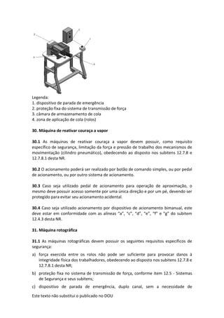 Este texto não substitui o publicado no DOU
Legenda:
1. dispositivo de parada de emergência
2. proteção fixa do sistema de transmissão de força
3. câmara de armazenamento de cola
4. zona de aplicação de cola (rolos)
30. Máquina de reativar couraça a vapor
30.1 As máquinas de reativar couraça a vapor devem possuir, como requisito
específico de segurança, limitação da força e pressão de trabalho dos mecanismos de
movimentação (cilindro pneumático), obedecendo ao disposto nos subitens 12.7.8 e
12.7.8.1 desta NR.
30.2 O acionamento poderá ser realizado por botão de comando simples, ou por pedal
de acionamento, ou por outro sistema de acionamento.
30.3 Caso seja utilizado pedal de acionamento para operação de aproximação, o
mesmo deve possuir acesso somente por uma única direção e por um pé, devendo ser
protegido para evitar seu acionamento acidental.
30.4 Caso seja utilizado acionamento por dispositivo de acionamento bimanual, este
deve estar em conformidade com as alíneas “a”, “c”, “d”, “e”, “f” e “g” do subitem
12.4.3 desta NR.
31. Máquina rotográfica
31.1 As máquinas rotográficas devem possuir os seguintes requisitos específicos de
segurança:
a) força exercida entre os rolos não pode ser suficiente para provocar danos à
integridade física dos trabalhadores, obedecendo ao disposto nos subitens 12.7.8 e
12.7.8.1 desta NR;
b) proteção fixa no sistema de transmissão de força, conforme item 12.5 - Sistemas
de Segurança e seus subitens;
c) dispositivo de parada de emergência, duplo canal, sem a necessidade de
 