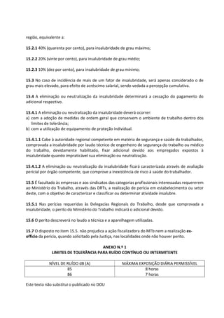 Este texto não substitui o publicado no DOU
região, equivalente a:
15.2.1 40% (quarenta por cento), para insalubridade de grau máximo;
15.2.2 20% (vinte por cento), para insalubridade de grau médio;
15.2.3 10% (dez por cento), para insalubridade de grau mínimo;
15.3 No caso de incidência de mais de um fator de insalubridade, será apenas considerado o de
grau mais elevado, para efeito de acréscimo salarial, sendo vedada a percepção cumulativa.
15.4 A eliminação ou neutralização da insalubridade determinará a cessação do pagamento do
adicional respectivo.
15.4.1 A eliminação ou neutralização da insalubridade deverá ocorrer:
a) com a adoção de medidas de ordem geral que conservem o ambiente de trabalho dentro dos
limites de tolerância;
b) com a utilização de equipamento de proteção individual.
15.4.1.1 Cabe à autoridade regional competente em matéria de segurança e saúde do trabalhador,
comprovada a insalubridade por laudo técnico de engenheiro de segurança do trabalho ou médico
do trabalho, devidamente habilitado, fixar adicional devido aos empregados expostos à
insalubridade quando impraticável sua eliminação ou neutralização.
15.4.1.2 A eliminação ou neutralização da insalubridade ficará caracterizada através de avaliação
pericial por órgão competente, que comprove a inexistência de risco à saúde do trabalhador.
15.5 É facultado às empresas e aos sindicatos das categorias profissionais interessadas requererem
ao Ministério do Trabalho, através das DRTs, a realização de perícia em estabelecimento ou setor
deste, com o objetivo de caracterizar e classificar ou determinar atividade insalubre.
15.5.1 Nas perícias requeridas às Delegacias Regionais do Trabalho, desde que comprovada a
insalubridade, o perito do Ministério do Trabalho indicará o adicional devido.
15.6 O perito descreverá no laudo a técnica e a aparelhagem utilizadas.
15.7 O disposto no item 15.5. não prejudica a ação fiscalizadora do MTb nem a realização ex-
officio da perícia, quando solicitado pela Justiça, nas localidades onde não houver perito.
ANEXO N.º 1
LIMITES DE TOLERÂNCIA PARA RUÍDO CONTÍNUO OU INTERMITENTE
NÍVEL DE RUÍDO dB (A) MÁXIMA EXPOSIÇÃO DIÁRIA PERMISSÍVEL
85
86
8 horas
7 horas
 
