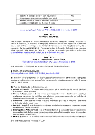 Este texto não substitui o publicado no DOU
Trabalho de carregar pesos ou com movimentos
vigorosos com os braços (ex.: trabalho com foice)
495
Trabalho pesado de levantar, empurrar ou arrastar
pesos (ex.: remoção com pá, abertura de valas)
524
ANEXO N.º 4
(Anexo revogado pela Portaria MTPS n.º 3.751, de 23 de novembro de 1990)
ANEXO N.º 5
RADIAÇÕES IONIZANTES
Nas atividades ou operações onde trabalhadores possam ser expostos a radiações ionizantes, os
limites de tolerância, os princípios, as obrigações e controles básicos para a proteção do homem e
do seu meio ambiente contra possíveis efeitos indevidos causados pela radiação ionizante, são os
constantes da Norma CNEN-NN-3.01: "Diretrizes Básicas de Proteção Radiológica", de março de
2014, aprovada pela Resolução CNEN n.º 164/2014, ou daquela que venha a substituí-la.
(Atualizado pela Portaria MTb n.º 1.084, de 18 de dezembro de 2018)
ANEXO N.º 6
TRABALHO SOB CONDIÇÕES HIPERBÁRICAS
(Título alterado pela Portaria SSMT n.º 24, de 14 de setembro de 1983)
Este Anexo trata dos trabalhos sob ar comprimido e dos trabalhos submersos.
1. TRABALHOS SOB AR COMPRIMIDO
(Alterado pela Portaria SSMT n.º 05, de 09 de fevereiro de 1983)
1.1 Trabalhos sob ar comprimido são os efetuados em ambientes onde o trabalhador é obrigado a
suportar pressões maiores que a atmosférica e onde se exige cuidadosa descompressão, de acordo
com as tabelas anexas.
1.2 Para fins de aplicação deste item, define-se:
a) Câmara de Trabalho - É o espaço ou compartimento sob ar comprimido, no interior da qual o
trabalho está sendo realizado;
b) Câmara de Recompressão - É uma câmara que, independentemente da câmara de trabalho, é
usada para tratamento de indivíduos que adquirem doença descompressiva ou embolia e é
diretamente supervisionada por médico qualificado;
c) Campânula - É uma câmara através da qual o trabalhador passa do ar livre para a câmara de
trabalho do tubulão e vice-versa;
d) Eclusa de Pessoal - É uma câmara através da qual o trabalhador passa do ar livre para a câmara
de trabalho do túnel e vice-versa;
e) Encarregado de Ar Comprimido - É o profissional treinado e conhecedor das diversas técnicas
empregadas nos trabalhos sob ar comprimido, designado pelo empregador como o responsável
imediato pelos trabalhadores;
f) Médico Qualificado - É o médico do trabalho com conhecimentos comprovados em Medicina
 