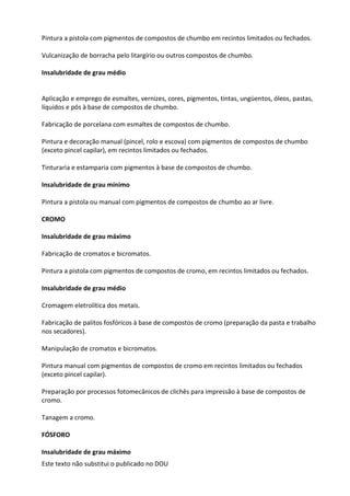 Este texto não substitui o publicado no DOU
Pintura a pistola com pigmentos de compostos de chumbo em recintos limitados ou fechados.
Vulcanização de borracha pelo litargírio ou outros compostos de chumbo.
Insalubridade de grau médio
Aplicação e emprego de esmaltes, vernizes, cores, pigmentos, tintas, ungüentos, óleos, pastas,
líquidos e pós à base de compostos de chumbo.
Fabricação de porcelana com esmaltes de compostos de chumbo.
Pintura e decoração manual (pincel, rolo e escova) com pigmentos de compostos de chumbo
(exceto pincel capilar), em recintos limitados ou fechados.
Tinturaria e estamparia com pigmentos à base de compostos de chumbo.
Insalubridade de grau mínimo
Pintura a pistola ou manual com pigmentos de compostos de chumbo ao ar livre.
CROMO
Insalubridade de grau máximo
Fabricação de cromatos e bicromatos.
Pintura a pistola com pigmentos de compostos de cromo, em recintos limitados ou fechados.
Insalubridade de grau médio
Cromagem eletrolítica dos metais.
Fabricação de palitos fosfóricos à base de compostos de cromo (preparação da pasta e trabalho
nos secadores).
Manipulação de cromatos e bicromatos.
Pintura manual com pigmentos de compostos de cromo em recintos limitados ou fechados
(exceto pincel capilar).
Preparação por processos fotomecânicos de clichês para impressão à base de compostos de
cromo.
Tanagem a cromo.
FÓSFORO
Insalubridade de grau máximo
 