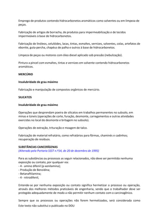 Este texto não substitui o publicado no DOU
Emprego de produtos contendo hidrocarbonetos aromáticos como solventes ou em limpeza de
peças.
Fabricação de artigos de borracha, de produtos para impermeabilização e de tecidos
impermeáveis à base de hidrocarbonetos.
Fabricação de linóleos, celulóides, lacas, tintas, esmaltes, vernizes, solventes, colas, artefatos de
ebonite, guta-percha, chapéus de palha e outros à base de hidrocarbonetos.
Limpeza de peças ou motores com óleo diesel aplicado sob pressão (nebulização).
Pintura a pincel com esmaltes, tintas e vernizes em solvente contendo hidrocarbonetos
aromáticos.
MERCÚRIO
Insalubridade de grau máximo
Fabricação e manipulação de compostos orgânicos de mercúrio.
SILICATOS
Insalubridade de grau máximo
Operações que desprendam poeira de silicatos em trabalhos permanentes no subsolo, em
minas e túneis (operações de corte, furação, desmonte, carregamentos e outras atividades
exercidas no local do desmonte e britagem no subsolo).
Operações de extração, trituração e moagem de talco.
Fabricação de material refratário, como refratários para fôrmas, chaminés e cadinhos;
recuperação de resíduos.
SUBSTÂNCIAS CANCERÍGENAS
(Alterado pela Portaria SSST n.º14, de 20 de dezembro de 1995)
Para as substâncias ou processos as seguir relacionados, não deve ser permitida nenhuma
exposição ou contato, por qualquer via:
- 4 - amino difenil (p-xenilamina);
- Produção de Benzidina;
- Betanaftilamina;
- 4 - nitrodifenil,
Entende-se por nenhuma exposição ou contato significa hermetizar o processo ou operação,
através dos melhores métodos praticáveis de engenharia, sendo que o trabalhador deve ser
protegido adequadamente de modo a não permitir nenhum contato com o carcinogênico.
Sempre que os processos ou operações não forem hermetizados, será considerada como
 