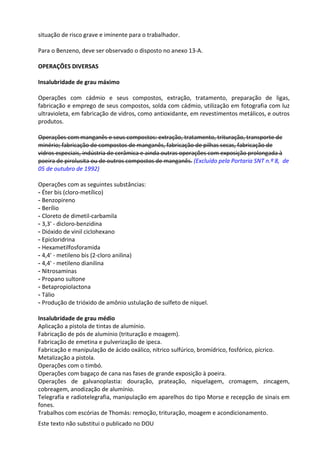 Este texto não substitui o publicado no DOU
situação de risco grave e iminente para o trabalhador.
Para o Benzeno, deve ser observado o disposto no anexo 13-A.
OPERAÇÕES DIVERSAS
Insalubridade de grau máximo
Operações com cádmio e seus compostos, extração, tratamento, preparação de ligas,
fabricação e emprego de seus compostos, solda com cádmio, utilização em fotografia com luz
ultravioleta, em fabricação de vidros, como antioxidante, em revestimentos metálicos, e outros
produtos.
Operações com manganês e seus compostos: extração, tratamento, trituração, transporte de
minério; fabricação de compostos de manganês, fabricação de pilhas secas, fabricação de
vidros especiais, indústria de cerâmica e ainda outras operações com exposição prolongada à
poeira de pirolusita ou de outros compostos de manganês. (Excluído pela Portaria SNT n.º 8, de
05 de outubro de 1992)
Operações com as seguintes substâncias:
- Éter bis (cloro-metílico)
- Benzopireno
- Berílio
- Cloreto de dimetil-carbamila
- 3,3' - dicloro-benzidina
- Dióxido de vinil ciclohexano
- Epicloridrina
- Hexametilfosforamida
- 4,4' - metileno bis (2-cloro anilina)
- 4,4' - metileno dianilina
- Nitrosaminas
- Propano sultone
- Betapropiolactona
- Tálio
- Produção de trióxido de amônio ustulação de sulfeto de níquel.
Insalubridade de grau médio
Aplicação a pistola de tintas de alumínio.
Fabricação de pós de alumínio (trituração e moagem).
Fabricação de emetina e pulverização de ipeca.
Fabricação e manipulação de ácido oxálico, nítrico sulfúrico, bromídrico, fosfórico, pícrico.
Metalização a pistola.
Operações com o timbó.
Operações com bagaço de cana nas fases de grande exposição à poeira.
Operações de galvanoplastia: douração, prateação, niquelagem, cromagem, zincagem,
cobreagem, anodização de alumínio.
Telegrafia e radiotelegrafia, manipulação em aparelhos do tipo Morse e recepção de sinais em
fones.
Trabalhos com escórias de Thomás: remoção, trituração, moagem e acondicionamento.
 