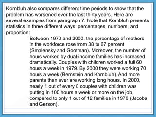 Kornbluh also compares different time periods to show that the
problem has worsened over the last thirty years. Here are
several examples from paragraph 7. Note that Kornbluh presents
statistics in three different ways: percentages, numbers, and
proportion:
Between 1970 and 2000, the percentage of mothers
in the workforce rose from 38 to 67 percent
(Smolensky and Gootman). Moreover, the number of
hours worked by dual-income families has increased
dramatically. Couples with children worked a full 60
hours a week in 1979. By 2000 they were working 70
hours a week (Bernstein and Kornbluh). And more
parents than ever are working long hours. In 2000,
nearly 1 out of every 8 couples with children was
putting in 100 hours a week or more on the job,
compared to only 1 out of 12 families in 1970 (Jacobs
and Gerson).
 