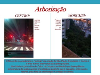 Arborização
CENTRO:

MORUMBI:
Avenida
rodeada
por
poucas
áreas
verdes.

Pequeno
matagal
entre os
prédios
do
Morumbi.

O Morumbi é considerado o “pulmão” da cidade de São Paulo. Entretanto o Centro é
a área menos arborizada da capital paulista.
Na cidade ocorre a Ilha de Calor, um impacto ambiental que desequilibra a
temperatura da região central em relação à periferia que é causado, entre outros
fatores, pela falta de arborização na região do centro.

 