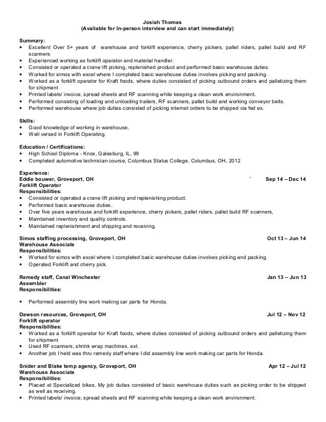 josiah thomas warehouse associate job description
