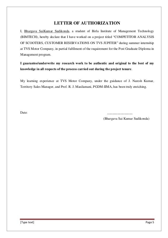 authorization letter format for two wheeler summer internship report tvs by bhargava sai kumar authorization letter format for two wheeler summer internship report tvs by bhargava sai kumar