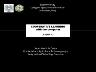 LESSON 13
COOPERATIVE LEARNING
with the computer
Sarah Mae P. de Castro
III - Bachelor in Agricultural
Technology – Agricultural
Technology Education
Bicol University
College of Agriculture and Forestry
Guinobatan,Albay
Sarah Mae P. de Castro
III – Bachelor in Agricultural Technology major
in Agricultural Technology Education
 
