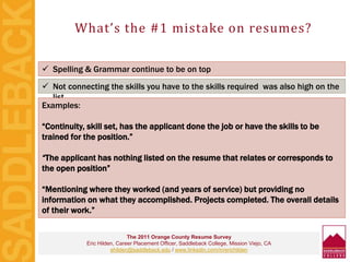 What’s the #1 mistake on resumes?
The 2011 Orange County Resume Survey
Eric Hilden, Career Placement Officer, Saddleback College, Mission Viejo, CA
ehilden@saddleback.edu / www.linkedin.com/in/erichilden
 Spelling & Grammar continue to be on top
 Not connecting the skills you have to the skills required was also high on the
list
Examples:
“Continuity, skill set, has the applicant done the job or have the skills to be
trained for the position.”
“The applicant has nothing listed on the resume that relates or corresponds to
the open position”
“Mentioning where they worked (and years of service) but providing no
information on what they accomplished. Projects completed. The overall details
of their work.”
 