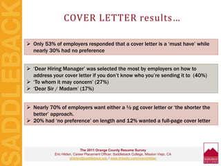 COVER LETTER results…
The 2011 Orange County Resume Survey
Eric Hilden, Career Placement Officer, Saddleback College, Mission Viejo, CA
ehilden@saddleback.edu / www.linkedin.com/in/erichilden
 Only 53% of employers responded that a cover letter is a ‘must have’ while
nearly 30% had no preference
 ‘Dear Hiring Manager’ was selected the most by employers on how to
address your cover letter if you don’t know who you’re sending it to (40%)
 ‘To whom it may concern’ (27%)
 ‘Dear Sir / Madam’ (17%)
 Nearly 70% of employers want either a ½ pg cover letter or ‘the shorter the
better’ approach.
 20% had ‘no preference’ on length and 12% wanted a full-page cover letter
 