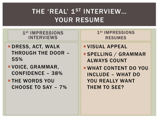 1st IMPRESSIONS
INTERVIEWS
 DRESS, ACT, WALK
THROUGH THE DOOR –
55%
 VOICE, GRAMMAR,
CONFIDENCE – 38%
 THE WORDS YOU
CHOOSE TO SAY – 7%
1st IMPRESSIONS
RESUMES
 VISUAL APPEAL
 SPELLING / GRAMMAR
ALWAYS COUNT
 WHAT CONTENT DO YOU
INCLUDE – WHAT DO
YOU REALLY WANT
THEM TO SEE?
THE ‘REAL’ 1ST INTERVIEW…
YOUR RESUME
 