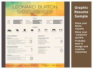 Graphic
Resume
Sample
 Show your
Skills
visually
 Show your
‘creativity’
quickly
 Probably
best in
design and
creative
industries
 