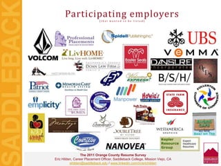 Participating employers
( t h a t w a n t e d t o b e l i s t e d )
The 2011 Orange County Resume Survey
Eric Hilden, Career Placement Officer, Saddleback College, Mission Viejo, CA
ehilden@saddleback.edu / www.linkedin.com/in/erichilden
 