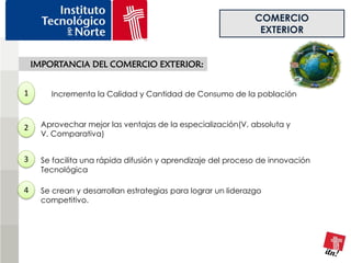 COMERCIO
                                                                EXTERIOR


    IMPORTANCIA DEL COMERCIO EXTERIOR:


1       Incrementa la Calidad y Cantidad de Consumo de la población



2     Aprovechar mejor las ventajas de la especialización(V. absoluta y
      V. Comparativa)


3     Se facilita una rápida difusión y aprendizaje del proceso de innovación
      Tecnológica

4     Se crean y desarrollan estrategias para lograr un liderazgo
      competitivo.
 