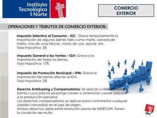 COMERCIO
                                                               EXTERIOR

OPERACIONES Y TRIBUTOS DE COMERCIO EXTERIOR:

   Impuesto Selectivo al Consumo - ISC: Grava temporalmente la
   importación de algunos bienes tales como malta, cerveza de
   malta, vino de uvas frescas, mosto de uva, azúcar, etc.
   Tasa impositiva: 5%

    Impuesto General a las Ventas – IGV: Grava a la
    importación de todos los bienes.
    Tasa Impositiva: 17%

    Impuesto de Promoción Municipal – IPM: Grava la
    importación de bienes afectos al IGV.
    Tasa Impositiva: 2%

    Derecho Antidupimg y Compensatorios: Se aplican a determinados
    bienes cuyos precios «dupimg» causen o amenacen causar perjuicio
    a la producción peruana.
    Los derechos compensatorios se aplican para contrarrestar cualquier
    subsidio concedido en el pais de origen.
    Ambos derechos debe existir resolución previa de INDECOPI. Tienen
    la condición de multa.
 