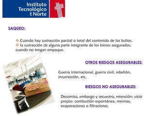  Cuando hay sustracción parcial o total del contenido de los bultos.
 la sustracción de alguna parte integrante de los bienes asegurados,
cuando no tengan empaque.




                         Guerra internacional, guerra civil, rebelión,
                         insurrección, etc.




                          Decomiso, embargo y secuestro, retención; vicio
                          propio: combustión espontánea, mermas,
                          evaporaciones o filtraciones.
 