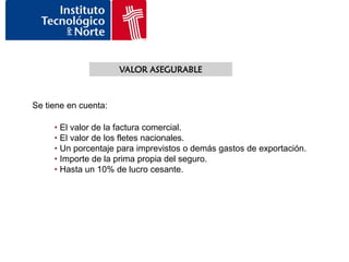 VALOR ASEGURABLE



Se tiene en cuenta:

     • El valor de la factura comercial.
     • El valor de los fletes nacionales.
     • Un porcentaje para imprevistos o demás gastos de exportación.
     • Importe de la prima propia del seguro.
     • Hasta un 10% de lucro cesante.
 