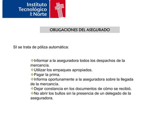 OBLIGACIONES DEL ASEGURADO



SI se trata de póliza automática:


          Informar a la aseguradora todos los despachos de la
          mercancía.
          Utilizar los empaques apropiados.
          Pagar la prima.
          Informa oportunamente a la aseguradora sobre la llegada
          de la mercancía.
          Dejar constancia en los documentos de cómo se recibió.
          No abrir los bultos sin la presencia de un delegado de la
          aseguradora.
 