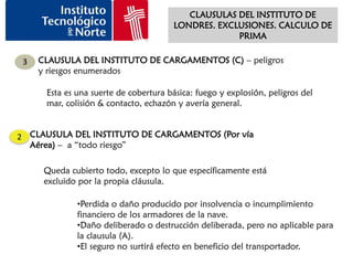 CLAUSULAS DEL INSTITUTO DE
                                       LONDRES. EXCLUSIONES. CALCULO DE
                                                    PRIMA

 3   CLAUSULA DEL INSTITUTO DE CARGAMENTOS (C) – peligros
     y riesgos enumerados

      Esta es una suerte de cobertura básica: fuego y explosión, peligros del
      mar, colisión & contacto, echazón y avería general.


2 CLAUSULA DEL INSTITUTO DE CARGAMENTOS (Por vía
  Aérea) – a “todo riesgo”

      Queda cubierto todo, excepto lo que específicamente está
      excluido por la propia cláusula.

              •Perdida o daño producido por insolvencia o incumplimiento
              financiero de los armadores de la nave.
              •Daño deliberado o destrucción deliberada, pero no aplicable para
              la clausula (A).
              •El seguro no surtirá efecto en beneficio del transportador.
 