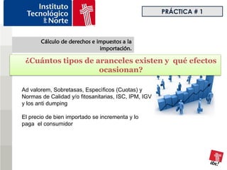 PRÁCTICA # 1



       Cálculo de derechos e impuestos a la
                              importación.

 ¿Cuántos tipos de aranceles existen y qué efectos
                    ocasionan?

Ad valorem, Sobretasas, Especìficos (Cuotas) y
Normas de Calidad y/o fitosanitarias, ISC, IPM, IGV
y los anti dumping

El precio de bien importado se incrementa y lo
paga el consumidor
 