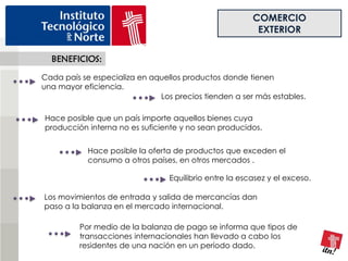COMERCIO
                                                         EXTERIOR

  BENEFICIOS:

Cada país se especializa en aquellos productos donde tienen
una mayor eficiencia.
                              Los precios tienden a ser más estables.

Hace posible que un país importe aquellos bienes cuya
producción interna no es suficiente y no sean producidos.


            Hace posible la oferta de productos que exceden el
            consumo a otros países, en otros mercados .

                                 Equilibrio entre la escasez y el exceso.

Los movimientos de entrada y salida de mercancías dan
paso a la balanza en el mercado internacional.

         Por medio de la balanza de pago se informa que tipos de
         transacciones internacionales han llevado a cabo los
         residentes de una nación en un período dado.
 
