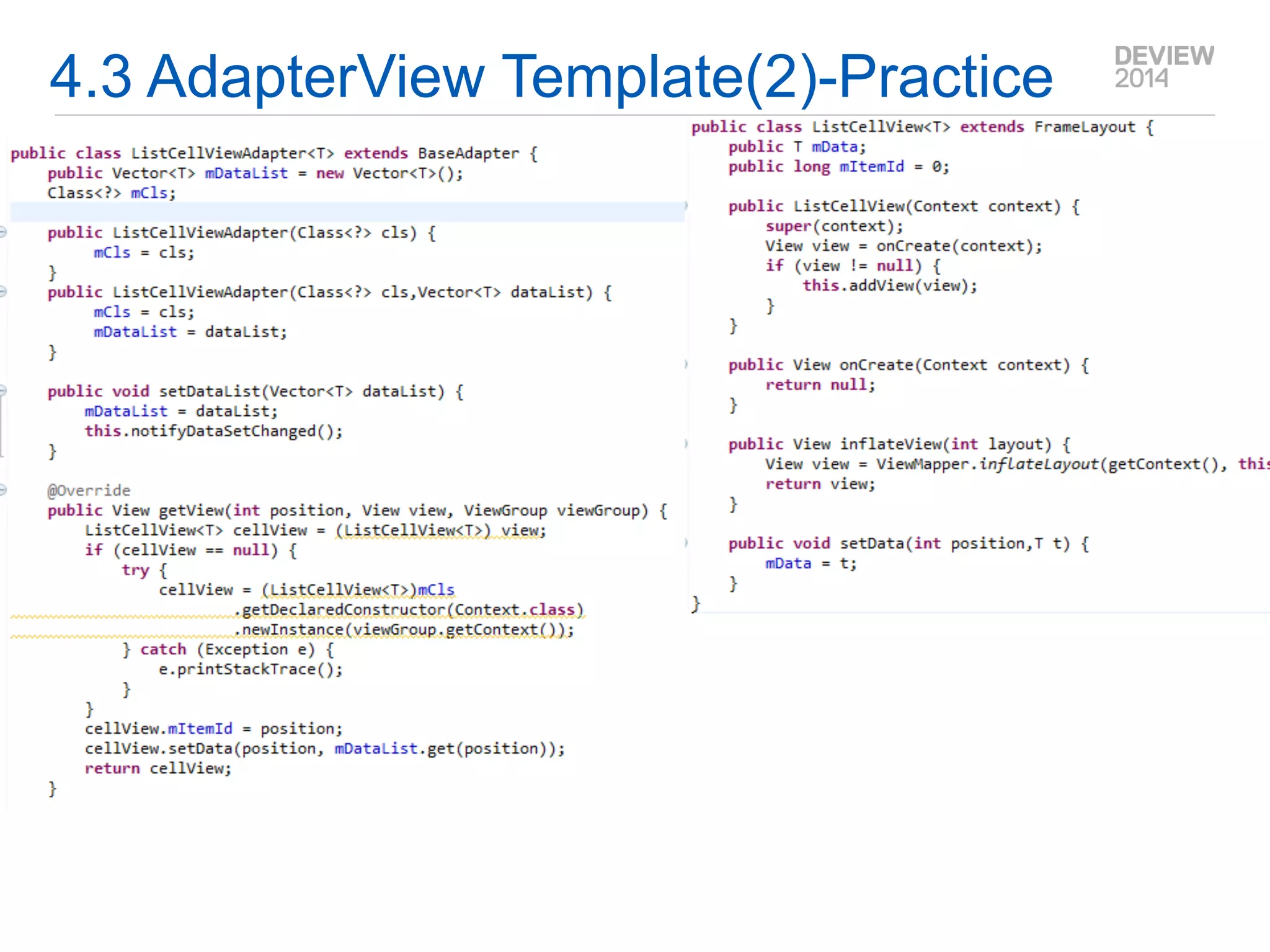Q&A 
4.1 Layout을 통한 모듈화 
Sub Layout의 활용 
-Layout 내에서 xml inflate를 하면 Layout을 Controller로 사용할 수 있고 모듈화 가능 
-Layout에 StateControllable을 구현하면 Fragment와 같은 기능 갖는다. 
TitleViewLayout extends FrameLayout implements StatControllale 
BodyViewLayout 
activity_main.xml 
panel_title.xml 
panel_body.xml 
onStart() 
onResume() 
onPause() 
onStop() 
onActivityResult() 
MainActivity.java  