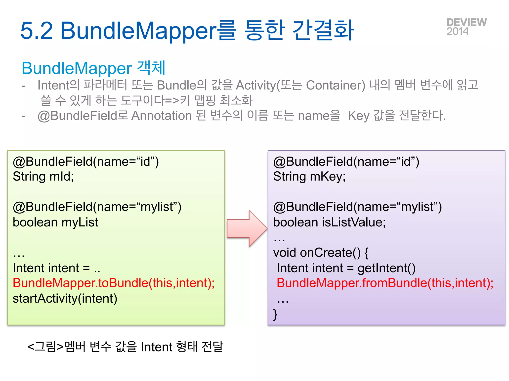 4.3 XML과 Layout을 통한 간결화(2) 
<?xml version="1.0" encoding="utf-8"?> <LinearLayout xmlns:android="http://schemas.android.com/apk/res/android" xmlns:pref="http://schemas.android.com/apk/res/android" … android:orientation="vertical" > <com.nhn.android.search.setup.control.TitlePreference android:layout_width="match_parent" android:layout_height="wrap_content" android:title="네이버 앱을 기본브라우저로 설정" android:summary="Test Summary" android:onClick="com.nhn.android.search.setup.SetupPushNotiActivity" android:key="clk.abc"/> <com.nhn.android.search.setup.control.TitlePreference android:layout_width="match_parent" android:layout_height="wrap_content" android:title="팝업차단" android:summary="웹 페이지에서 자동으로 띄우는 광고창을 차단합니다." android:onClick="http://m.help.naver.com/faq/list.nhn?falias=mo_main_app" android:key="clk.test"/> <com.nhn.android.search.setup.control.CheckBoxPreference android:layout_width="match_parent" android:layout_height="wrap_content" android:title="화면크게 보기" android:summary="텍스트와 이미지를 자동으로 확대합니다." android:defaultValue="true" android:key="clk.test"/> </LinearLayout>  