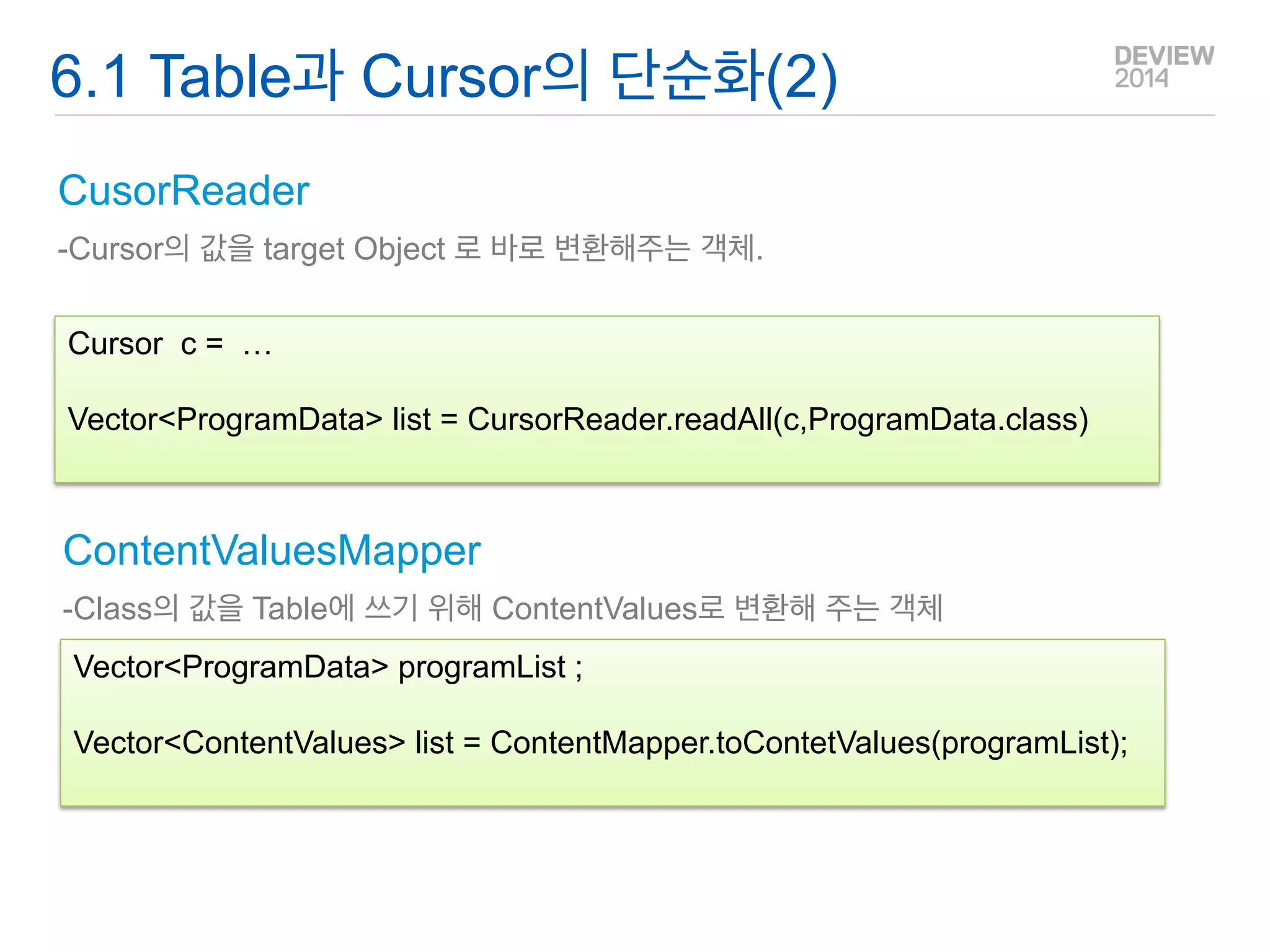 AppContext 저장소 - AppContext에 Object를 저장하기 위한 Key-Value Map을 사용한다. 
-Intent 전달 시에 Serialize가 필요한 Object형태는 AppContext를 통한 전달이 효율적이다. 
5.4 AppContext 통한 데이터 전달 
ProgramData mData; 
… 
Intent intent = .. 
AppContext.putValue( 
MemoActivity.class,mData); 
startActivity(intent) 
… 
void onCreate() { 
Intent intent = getIntent() 
ProgramData data = AppContext.getValue(MemoActivity.class,true) 
… 
} 
MemoActivity.java  