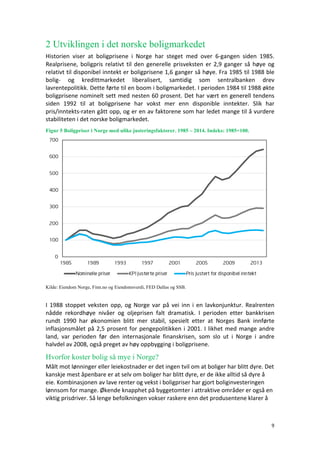 9	
	
2 Utviklingen i det norske boligmarkedet
Historien	 viser	 at	 boligprisene	 i	 Norge	 har	 steget	 med	 over	 6-gangen	 siden	 1985.	
Realprisene,	boligpris	relativt	til	den	generelle	prisveksten	er	2,9	ganger	så	høye	og	
relativt	til	disponibel	inntekt	er	boligprisene	1,6	ganger	så	høye.	Fra	1985	til	1988	ble	
bolig-	 og	 kredittmarkedet	 liberalisert,	 samtidig	 som	 sentralbanken	 drev	
lavrentepolitikk.	Dette	førte	til	en	boom	i	boligmarkedet.	I	perioden	1984	til	1988	økte	
boligprisene	nominelt	sett	med	nesten	60	prosent.	Det	har	vært	en	generell	tendens	
siden	 1992	 til	 at	 boligprisene	 har	 vokst	 mer	 enn	 disponible	 inntekter.	 Slik	 har	
pris/inntekts-raten	gått	opp,	og	er	en	av	faktorene	som	har	ledet	mange	til	å	vurdere	
stabiliteten	i	det	norske	boligmarkedet.		
Figur 5 Boligpriser i Norge med ulike justeringsfaktorer. 1985 – 2014. Indeks: 1985=100.
	
Kilde: Eiendom Norge, Finn.no og Eiendomsverdi, FED Dallas og SSB.
I	1988	stoppet	veksten	opp,	og	Norge	var	på	vei	inn	i	en	lavkonjunktur.	Realrenten	
nådde	 rekordhøye	 nivåer	 og	 oljeprisen	 falt	 dramatisk.	 I	 perioden	 etter	 bankkrisen	
rundt	 1990	 har	 økonomien	 blitt	 mer	 stabil,	 spesielt	 etter	 at	 Norges	 Bank	 innførte	
inflasjonsmålet	på	2,5	prosent	for	pengepolitikken	i	2001.	I	likhet	med	mange	andre	
land,	 var	 perioden	 før	 den	 internasjonale	 finanskrisen,	 som	 slo	 ut	 i	 Norge	 i	 andre	
halvdel	av	2008,	også	preget	av	høy	oppbygging	i	boligprisene.		
Hvorfor koster bolig så mye i Norge?
Målt	mot	lønninger	eller	leiekostnader	er	det	ingen	tvil	om	at	boliger	har	blitt	dyre.	Det	
kanskje	mest	åpenbare	er	at	selv	om	boliger	har	blitt	dyre,	er	de	ikke	alltid	så	dyre	å	
eie.	Kombinasjonen	av	lave	renter	og	vekst	i	boligpriser	har	gjort	boliginvesteringen	
lønnsom	for	mange.	Økende	knapphet	på	byggetomter	i	attraktive	områder	er	også	en	
viktig	prisdriver.	Så	lenge	befolkningen	vokser	raskere	enn	det	produsentene	klarer	å	
 
